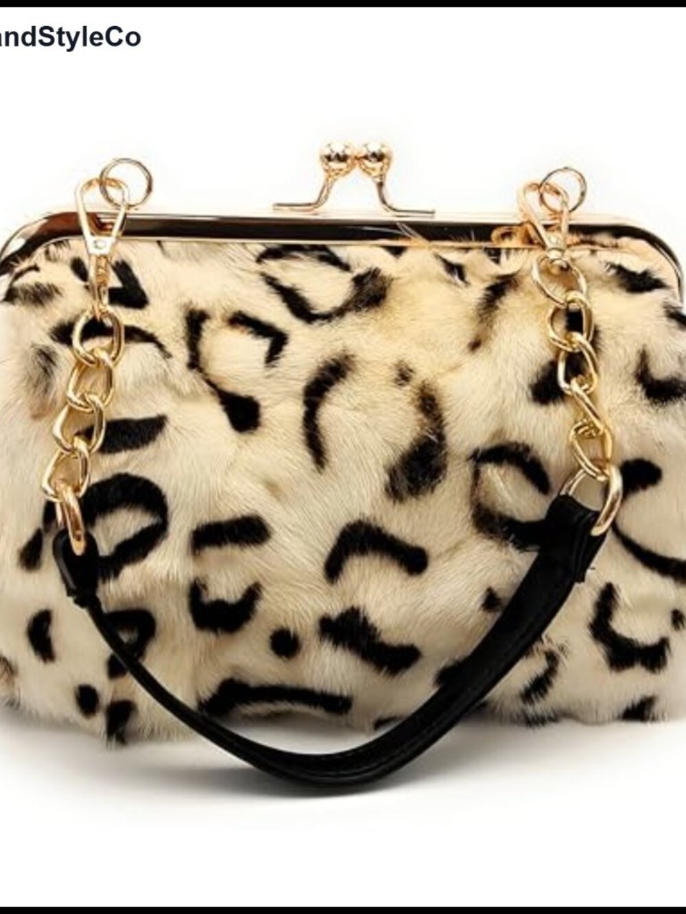 Mink Fur Leopard Print Kisslock Clutch Evening Bag Adjustable Strap